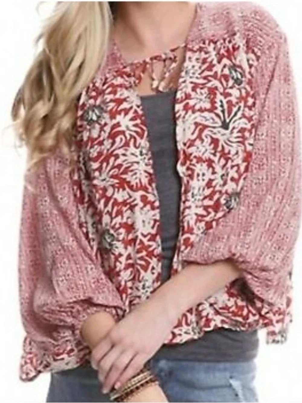 NWOT Free People Sheila's Floral Kimono Lace Tie Open Blouse Mixed print Sz  XS